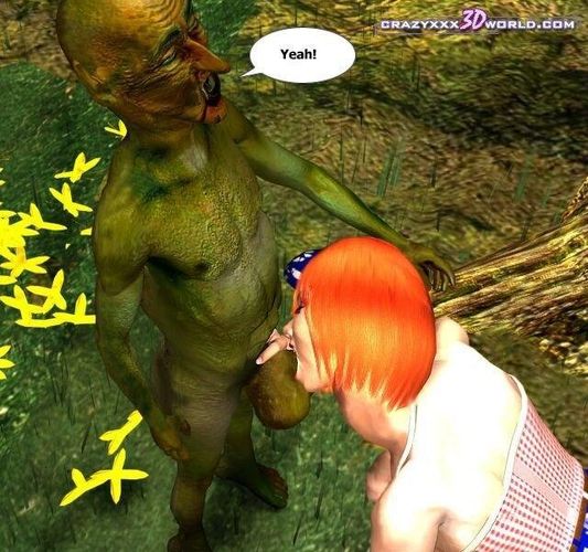 Рыжая телочка попала на член чудищу в густом лесу 3D порно фото