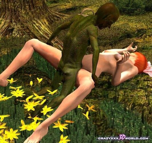 Рыжая телочка попала на член чудищу в густом лесу 3D порно фото