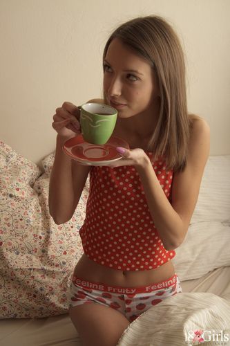 Симпатичная молодая шатенка с маленькой грудью ебется утром после кофе в постель